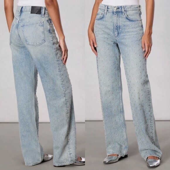 NWT Rag & Bone Shea Embellished High-Rise Straight-Leg Jeans Desirre Pearl Desi - Picture 1 of 11
